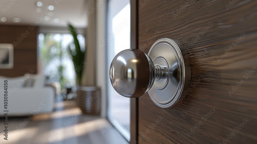 Close-up of a Modern Chrome Door Handle on a Wooden Door Close-up of a Modern Chrome Door Handle on a Wooden Door