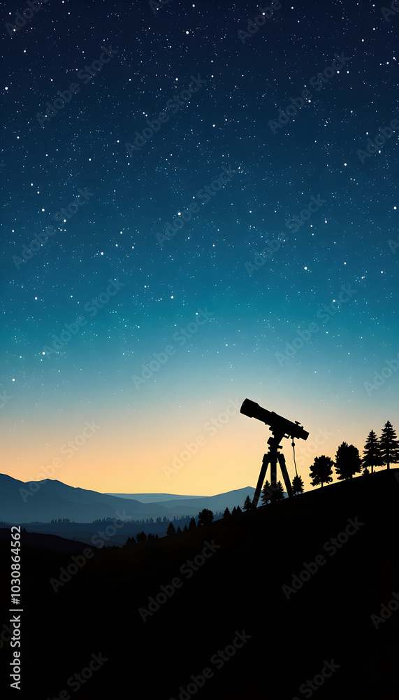 Obraz premium Silhouette of telescope and countryside under the starry skies isolated with white highlights, png