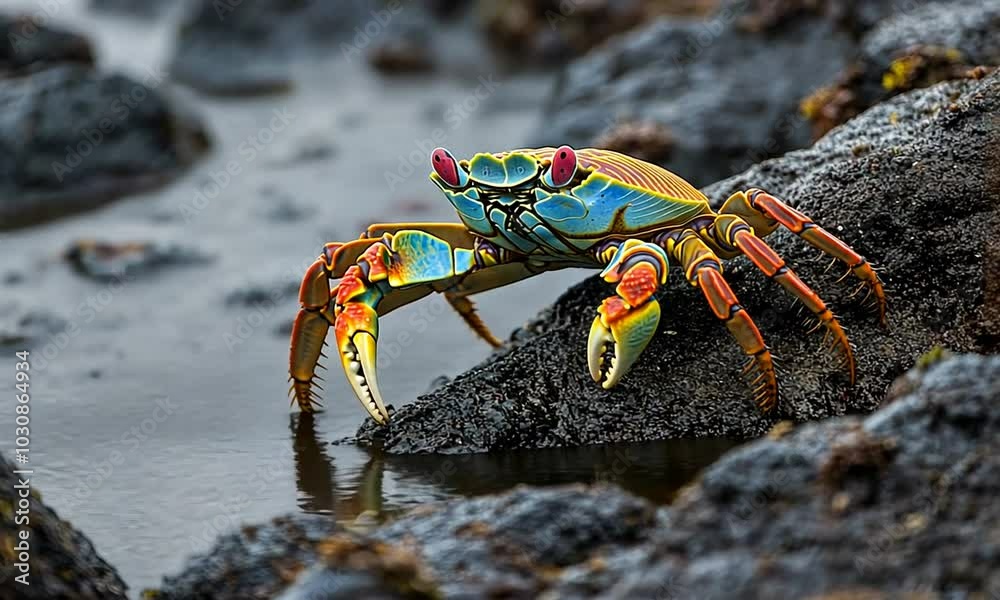A Vibrantly Colored Crab Perched on a Rocky Shore A Vibrantly Colored Crab Perched on a Rocky Shore