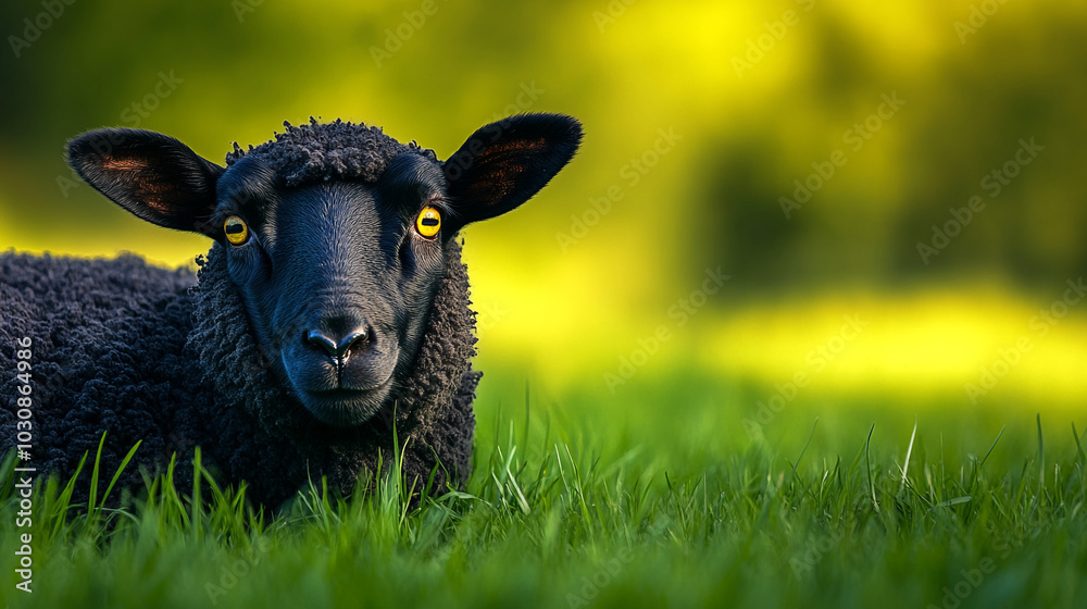 Black Sheep in Green Grass Field   Farm Animal Portrait