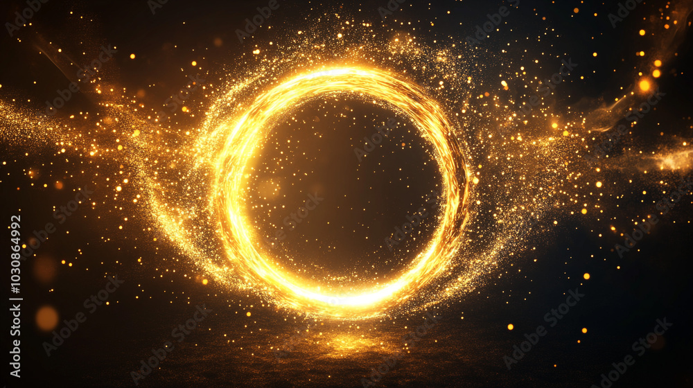 Abstract Golden Ring of Light with Sparkles on Black Background Abstract Golden Ring of Light with Sparkles on Black Background