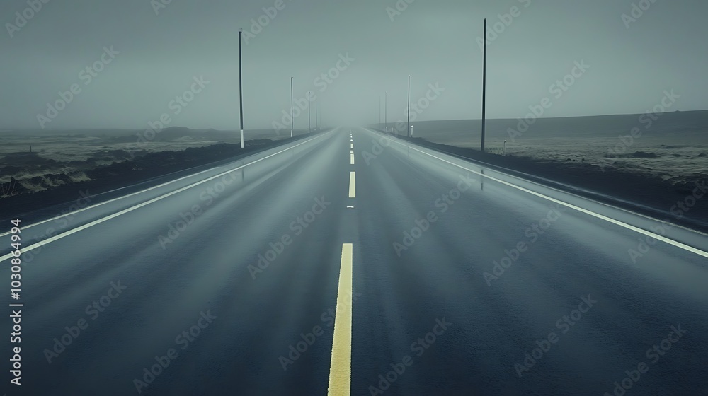 Fototapeta premium An empty, straight road disappears into the fog on a misty day.