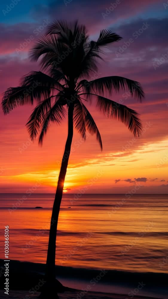 tropical sunset with palm tree silhouette, vibrant sky. tranquil beach and relaxation concept tropical sunset with palm tree silhouette, vibrant sky. tranquil beach and relaxation concept