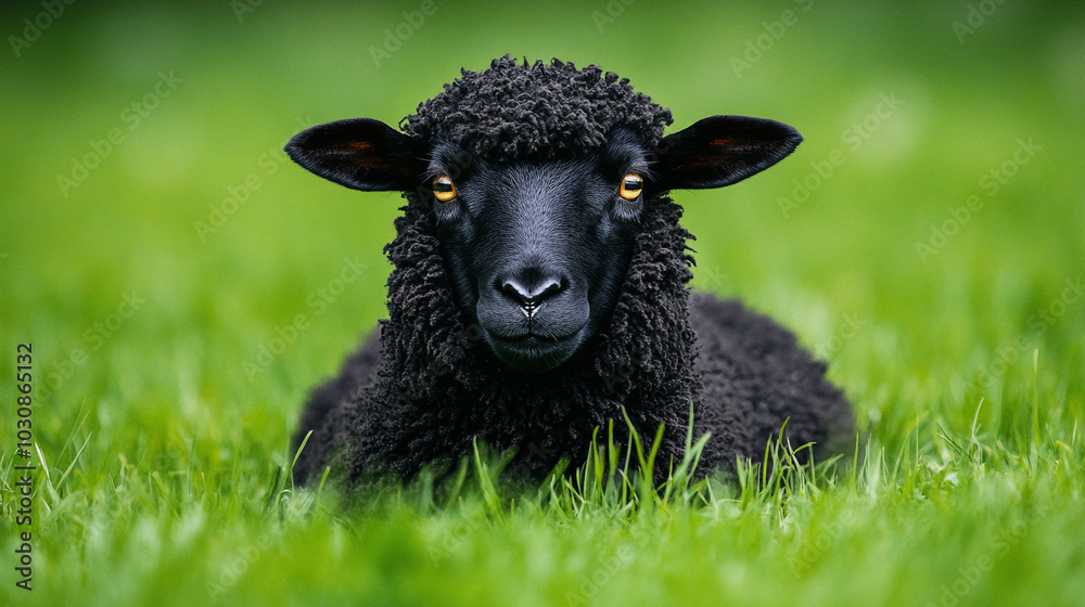 Black Sheep Lying in Green Grass Farm Animal Portrait Wool Nature Black Sheep Lying in Green Grass Farm Animal Portrait Wool Nature