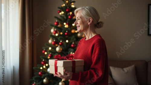 Happy elderly woman holding a Christmas gift in front of a beautifully lit tree