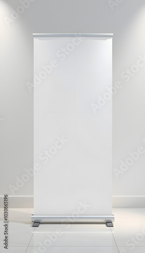 Blank roll up stand banner. Blank mockup for presentation isolated on wall background isolated with white highlights, png