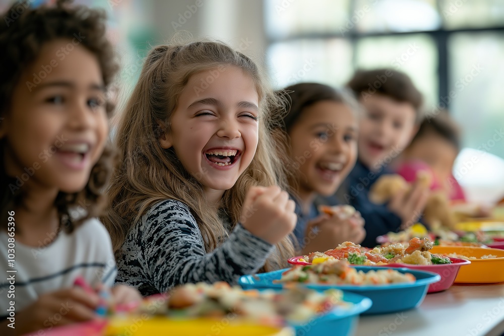 Children enjoying a joyful lunch together in a bright school cafeteria, sharing smiles and delicious food during lunchtime activities Children enjoying a joyful lunch together in a bright school cafeteria, sharing smiles and delicious food during lunchtime activities