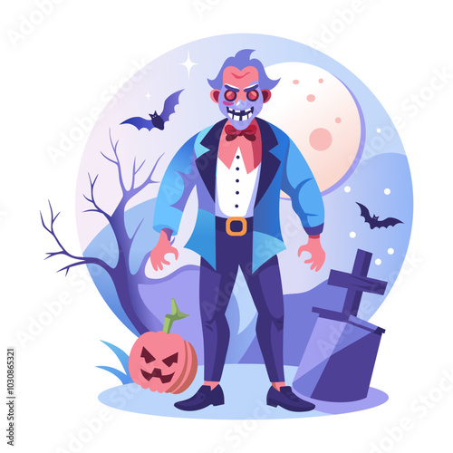 A flat illustration of horror man standing in graveyard 