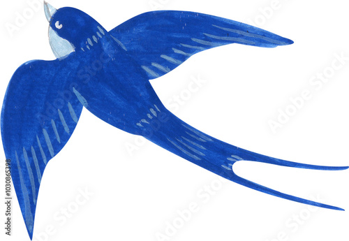 Blue swallow flying, watercolor painting hand-drawn illustration