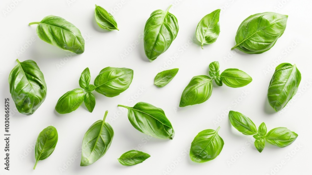 Fresh Basil Leaves on White Background - Culinary Herb Photography Fresh Basil Leaves on White Background - Culinary Herb Photography