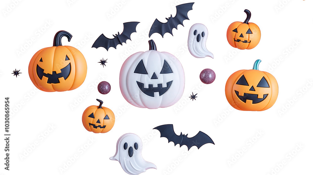 Halloween set with jack-o-lantern pumpkins, bats, and ghost characters, isolated on transparent background Halloween set with jack-o-lantern pumpkins, bats, and ghost characters, isolated on transparent background