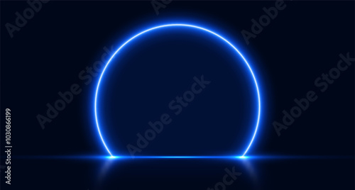 Neon arch, blue glowing portal, futuristic circle stage, magic gate background. Vector illustration.