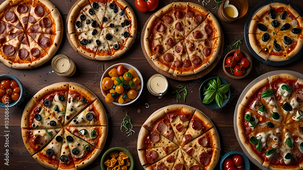 Kinds of pizza on a wooden table seen from above Kinds of pizza on a wooden table seen from above