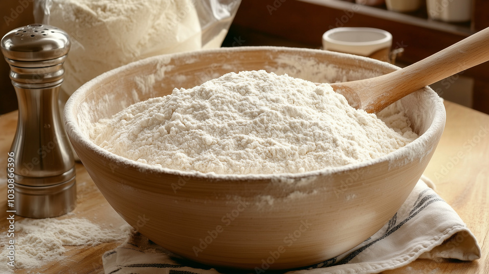 A large wooden bowl filled with flour, with a wooden spoon on a table. Next to it is a stainless steel salt shaker, a flour bag is partially visible, and a cloth napkin A large wooden bowl filled with flour, with a wooden spoon on a table. Next to it is a stainless steel salt shaker, a flour bag is partially visible, and a cloth napkin