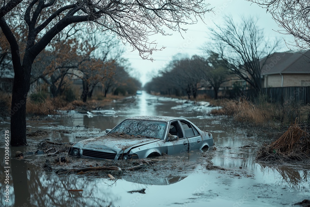 Flooded street with submerged car in winter after heavy rainstorm Flooded street with submerged car in winter after heavy rainstorm