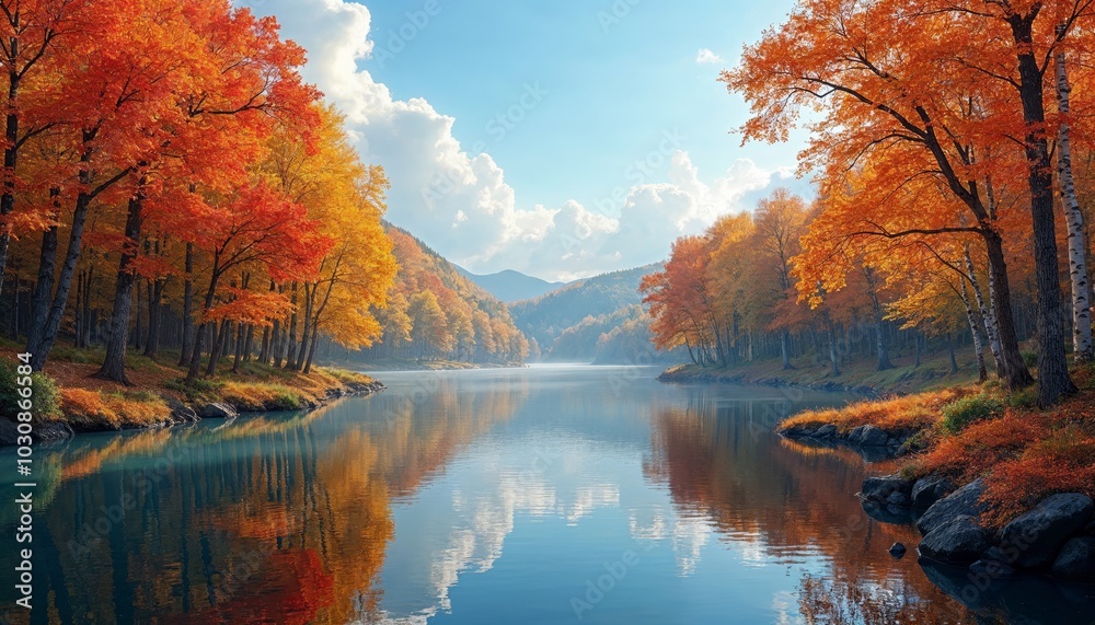 Fototapeta premium Serene Autumn Lake with Vibrant Fall Foliage Reflections