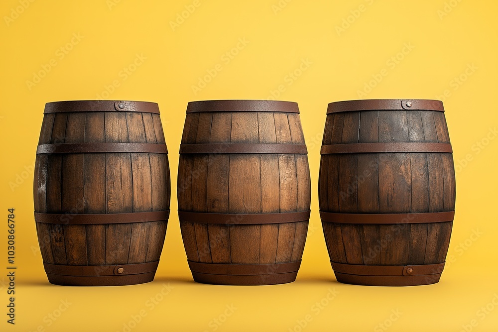 Three wooden barrels displayed in a row against a bright yellow background Three wooden barrels displayed in a row against a bright yellow background