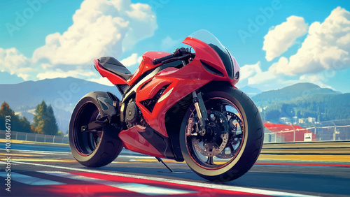 Beautiful Sport Bike Standing on Race Track Cartoon Background Illustration Featuring Dynamic Scene Vibrant Colors Racing Atmosphere and High-Speed Adventure