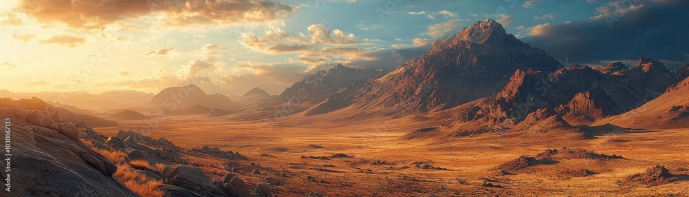 Naklejka premium Stunning desert landscape with mountains under a vibrant sky and dramatic clouds.