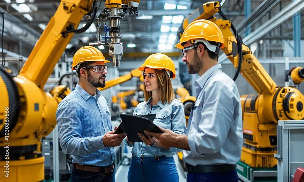 Engineers discussing plans with a robotic arm in a factory Engineers discussing plans with a robotic arm in a factory