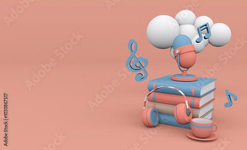 Composition for audiobooks, headphones microphone, books, cloud, notes, cup on beige background 3d render cartoon