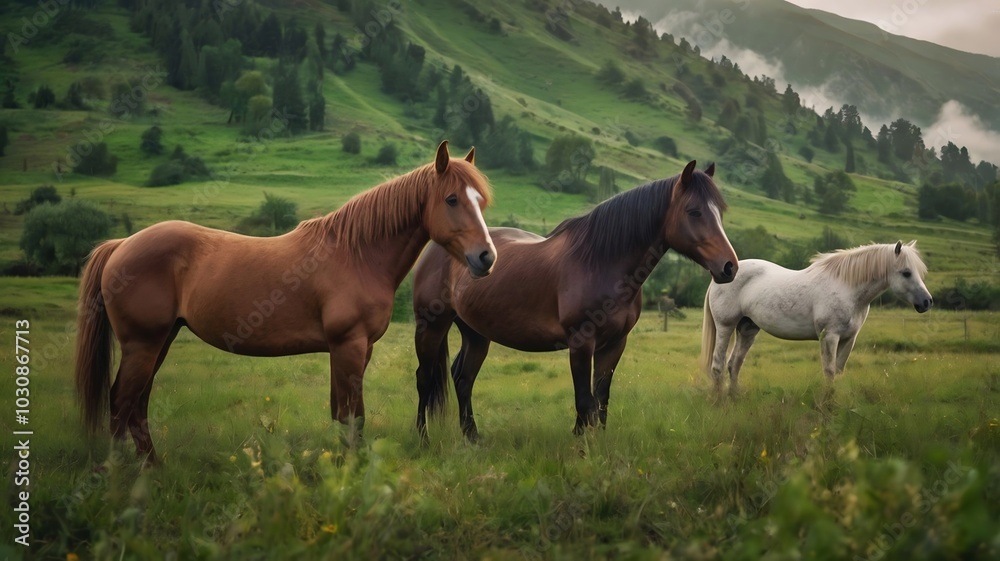 A photograph of natural scene of several horses the overall background of green landscape and mountains A photograph of natural scene of several horses the overall background of green landscape and mountains