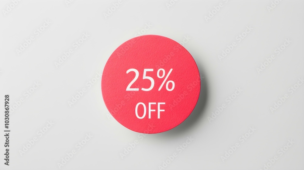 White '25% OFF' Text on a Light Red Round Paper Note. White Background with Copy Space White '25% OFF' Text on a Light Red Round Paper Note. White Background with Copy Space