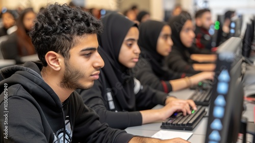 Young man with curly hair in a classroom setting using a computer keyboard