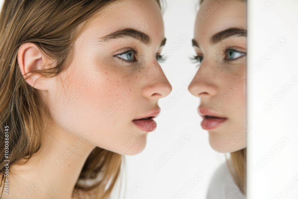 Woman admiring herself in the mirror Woman admiring herself in the mirror