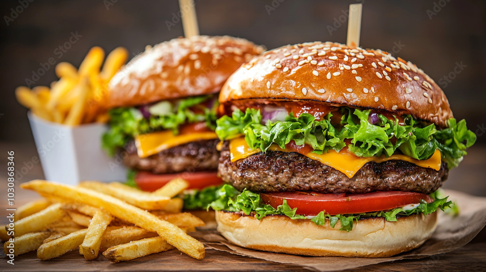 Cheeseburger and French Fries on Wooden Background Cheeseburger and French Fries on Wooden Background