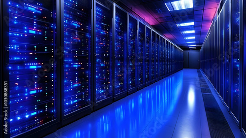 A server room filled with blue-lit data storage units.