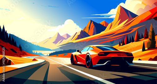 Sports car driving on a mountain road. Color illustration.