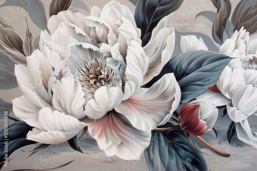 Elegant peony blossoms in soft shades of white and grey on a tranquil background, showcasing nature's beauty and serenity