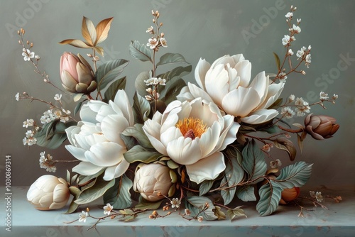 Elegant arrangement of white peonies and blossoming branches on a serene backdrop, showcasing nature's beauty in soft lighting
