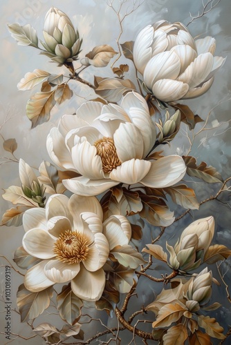 Elegant white magnolia blossoms in soft pastel tones captured in a serene floral arrangement during springtime