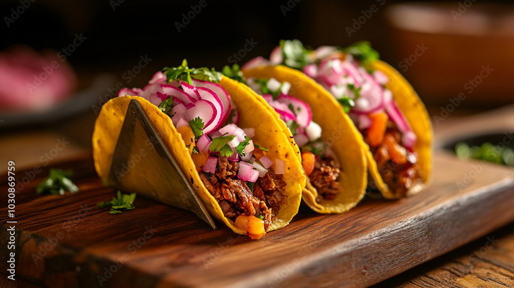 Delicious Mexican Tacos with Beef Onions and Radishes on Wooden Board Delicious Mexican Tacos with Beef Onions and Radishes on Wooden Board