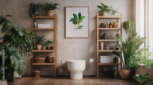 Modern Bathroom Interior Design with Plants and Shelves