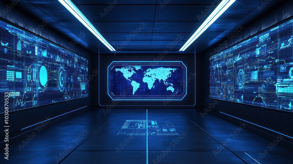 Futuristic Control Room with World Map Display and Data Screens Futuristic Control Room with World Map Display and Data Screens