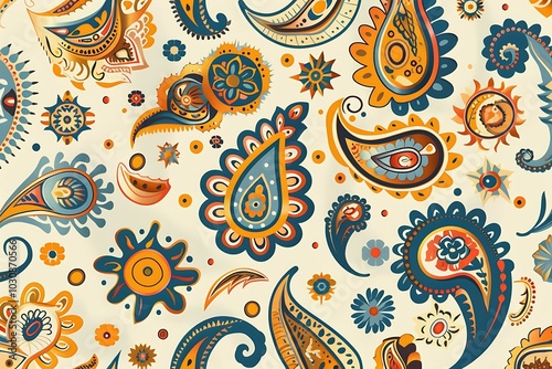 A retro paisley pattern with intricate designs and vibrant retro colors