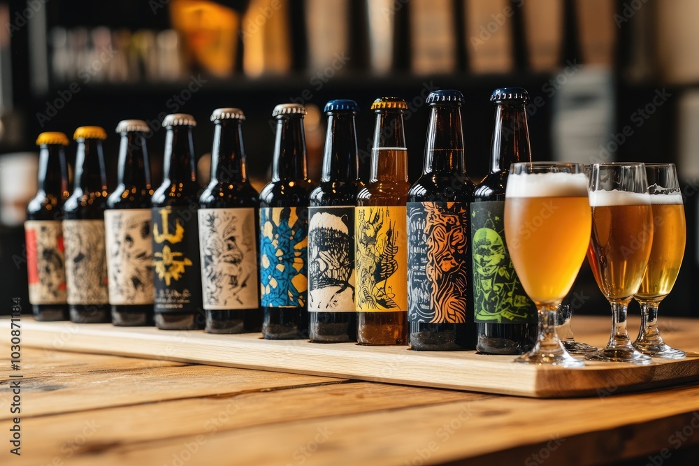 A selection of craft beers with unique labels, arranged on a wooden board with small tasting glasses A selection of craft beers with unique labels, arranged on a wooden board with small tasting glasses