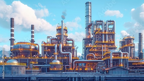 Illustration of an oil refinery's exterior, highlighting a complex network of pipes and ducts against industrial buildings and smokestacks. Chemical industry, factory, industrial backdrop. High