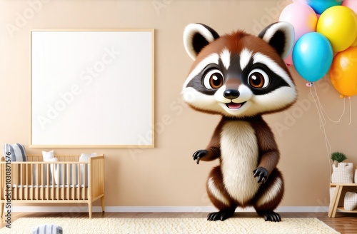 Nursery art raccoon and balloons on pastel beige backdrop photo