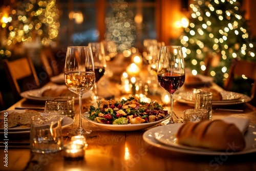 A festive dinner table setting with two glasses of wine, a salad, bread, and candles. The warm lighting and the out-of-focus Christmas tree in the background creates a cozy atmosphere.