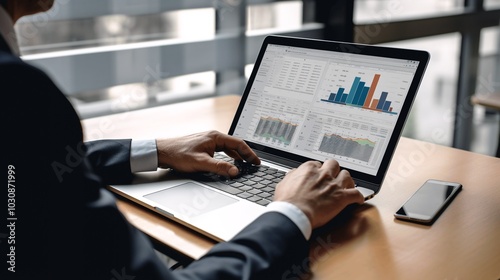 Businessman Analyzing Data on Laptop in Modern Office