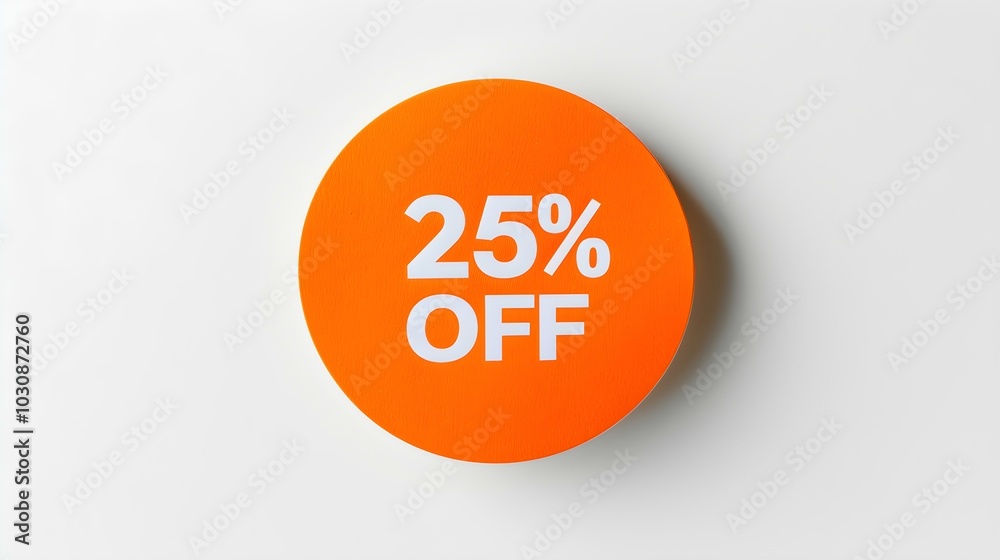 White '25% OFF' Text on a Orange Round Paper Note. White Background with Copy Space White '25% OFF' Text on a Orange Round Paper Note. White Background with Copy Space