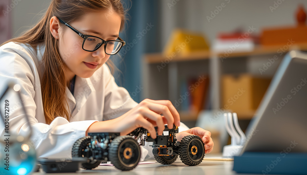 Naklejka premium Female Teenage Pupil Building Robot Car In Science Lesson isolated with white highlights, png