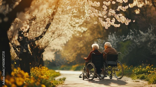 Senior man and elder woman in wheelchairs under blossom trees in park at spring time. Elder disabled couple on a wheelchairs in nature at sunset. Loneliness and old age