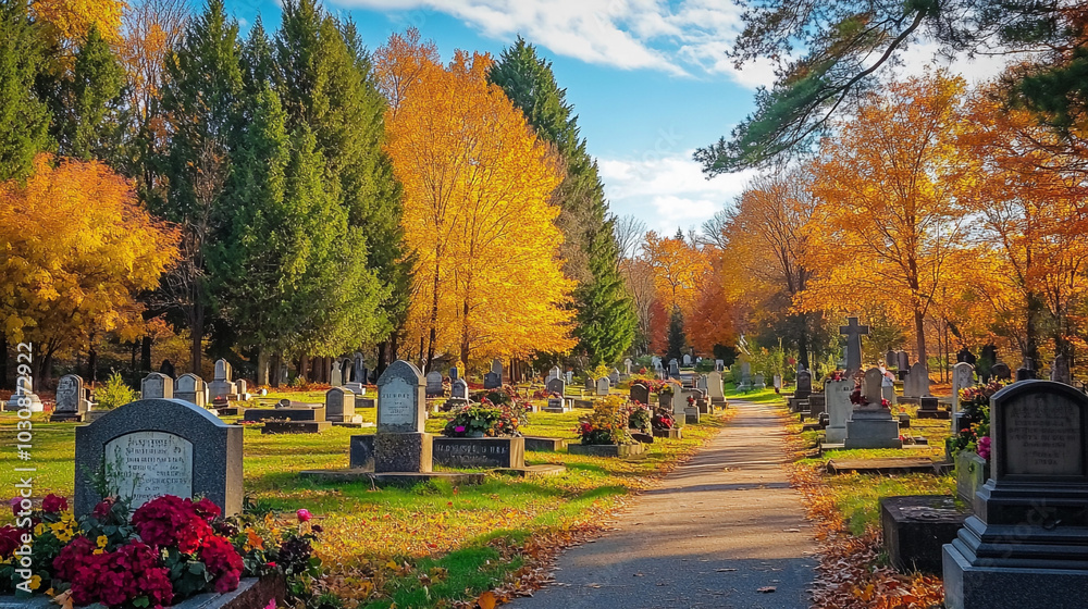Naklejka premium Autumn Cemetery Path with Headstones and Colorful Trees