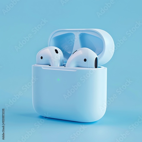 Wireless earphone airbuds isolated blue background photo