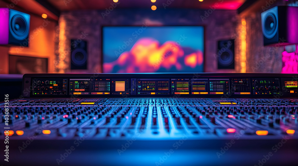 A modern sound mixing console in a vibrant studio environment.